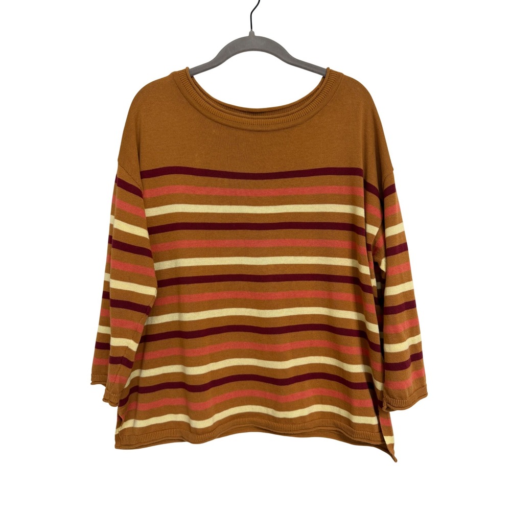 Pact Organic Cotton Striped Sweater Womens Large Brown Pink Burgundy 3/4 Sleeve